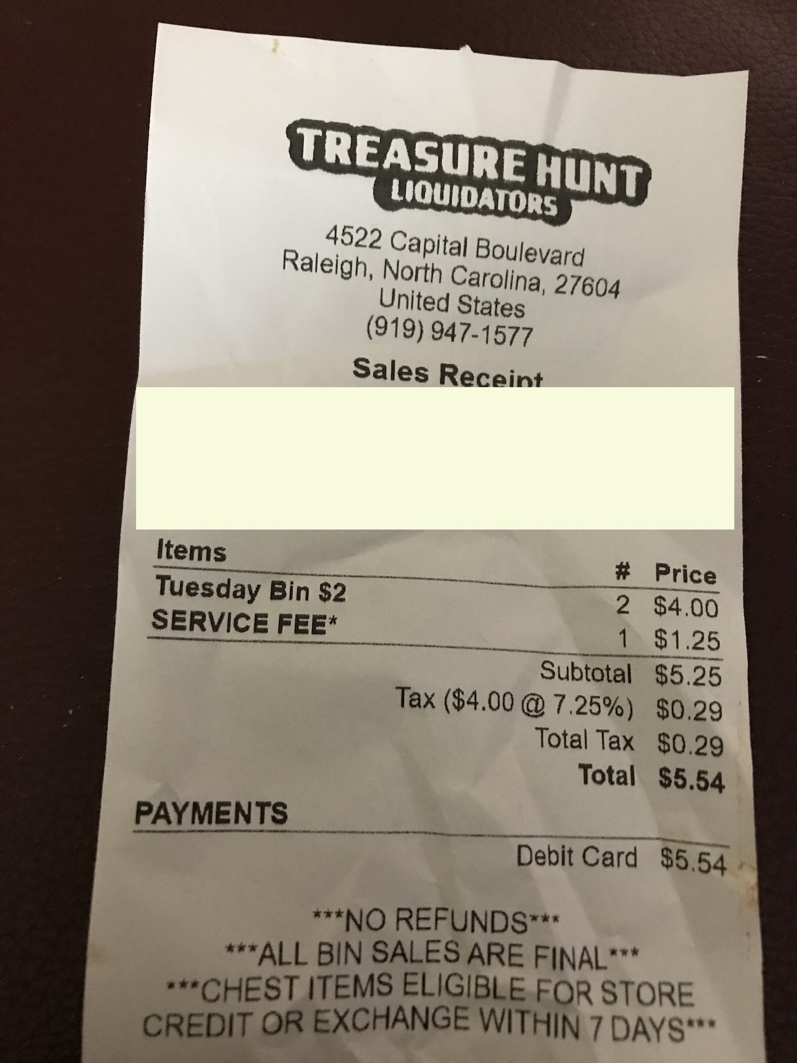 Treasure Hunt store receipt