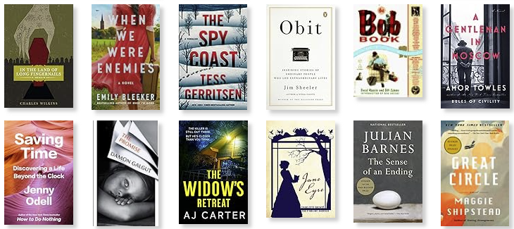 Row 5: In the Land of Long Fingernails | When We Were Enemies | The Spy Coast | Obit: Inspiring Stories of Ordinary People Who Led Extraordinary Lives | The Bob Book | A Gentleman in Moscow 
Row 6: Saving Time | The Promise | The Widow's Retreat | Jane Eyre | The Sense of an Ending | Great Circle