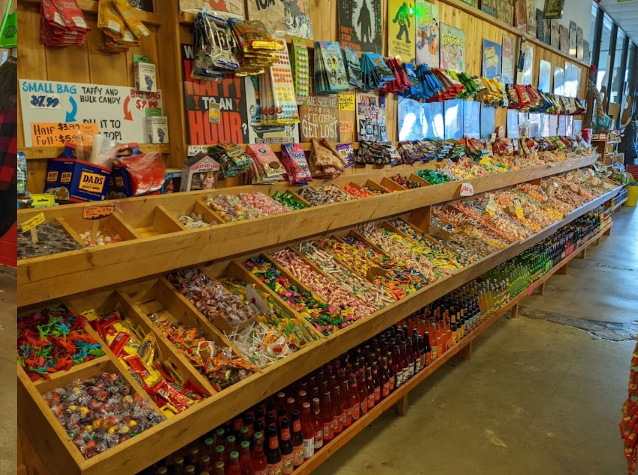 Candy store interior with bins of candy