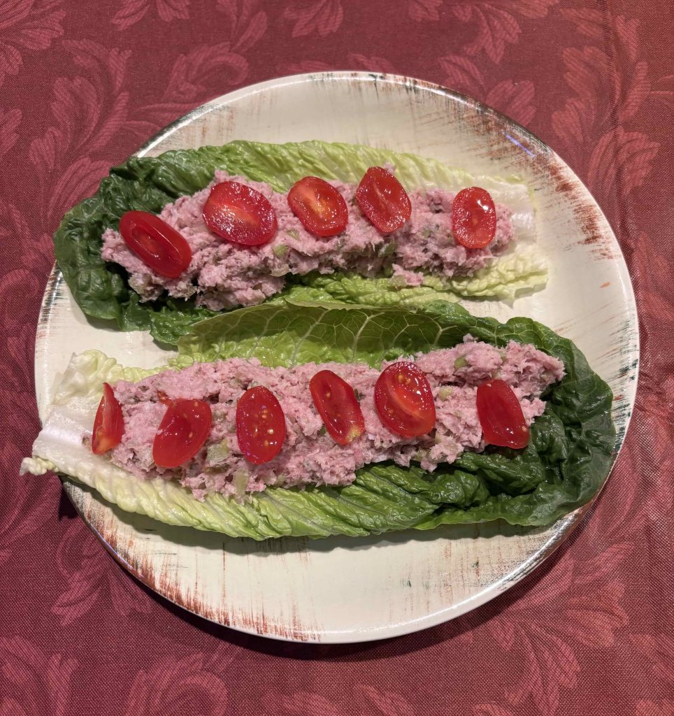 Lettuce wraps made with romaine lettuce leaves and homemade ham salad