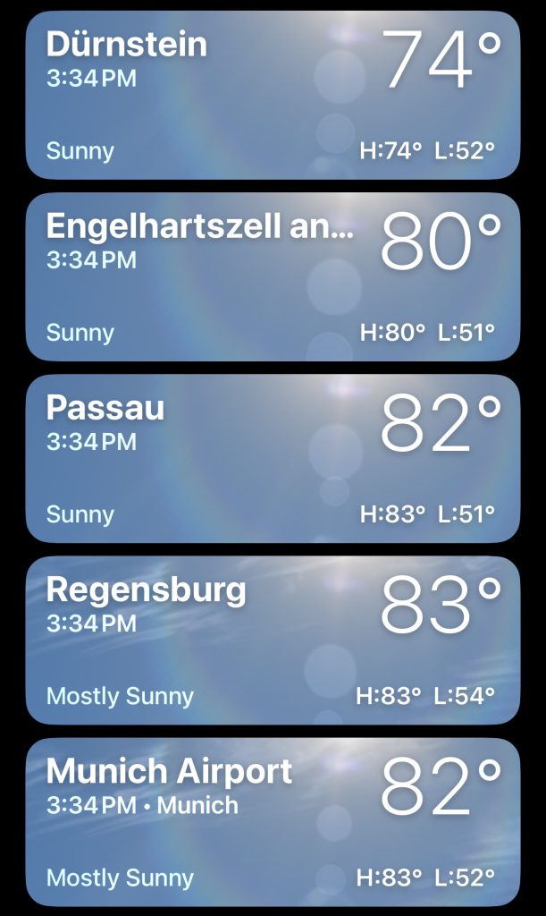 Weather for Durnstein, Engelhartszel, Passau, Regensburg, & Munich