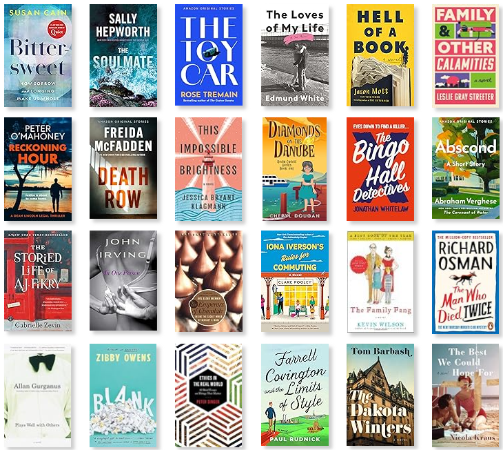 Row 1: Bittersweet | The Soulmate | The Toy Car | The Loves of My Life | Hell of a Book | Family & Other Calamities 
Row 2: Reckoning Hour | Death Row | This Impossible Brightness | Diamonds on the Danube | The Bingo Hall Detectives | Abscond 
Row 3: The Storied Life of A.J. Fikry | In One Person | The Emperors of Chocolate | Iona Iverson's Rules for Commuting | The Family Fang | The Man Who Died Twice 
Row 4: Plays Well with Others | Blank | Ethics in the Real World | Farrell Covington and the Limits of Style | The Dakota Winters | The Best We Could Hope For